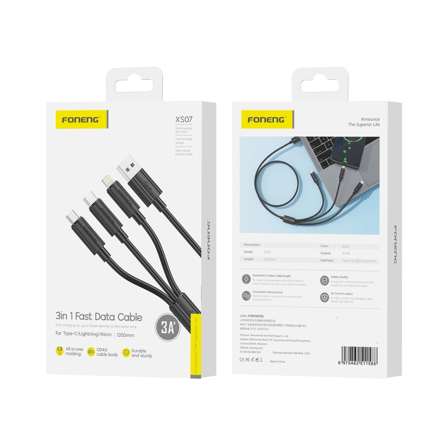 XS07 3A 3IN1 CABLE BLACK